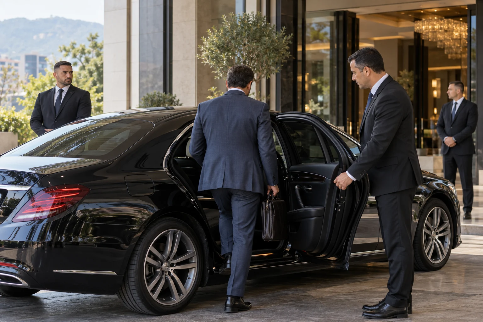 Business guest entering a black chauffeured sedan with discreet security at a hotel