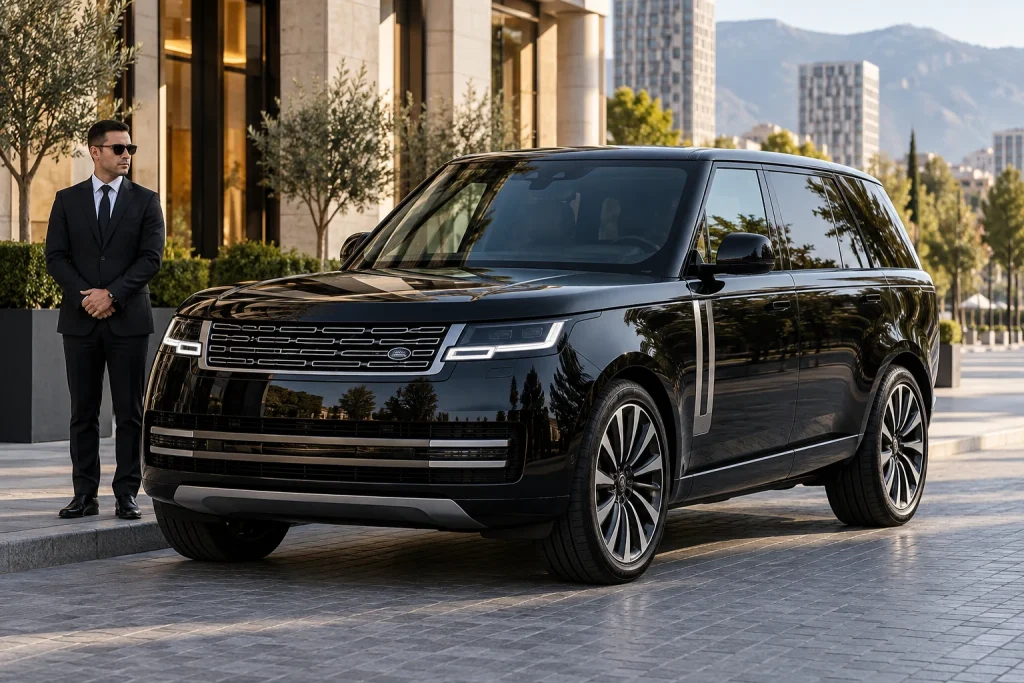 Black Range Rover with a suited chauffeur in Tirana