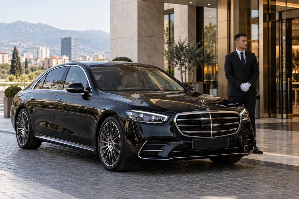 Black Mercedes-Benz S-Class with a suited chauffeur at a hotel entrance