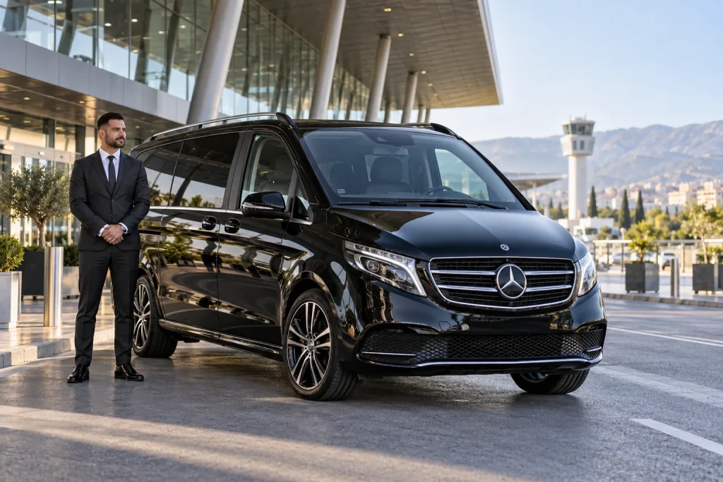 Black Mercedes-Benz V-Class with a suited chauffeur at Tirana Airport